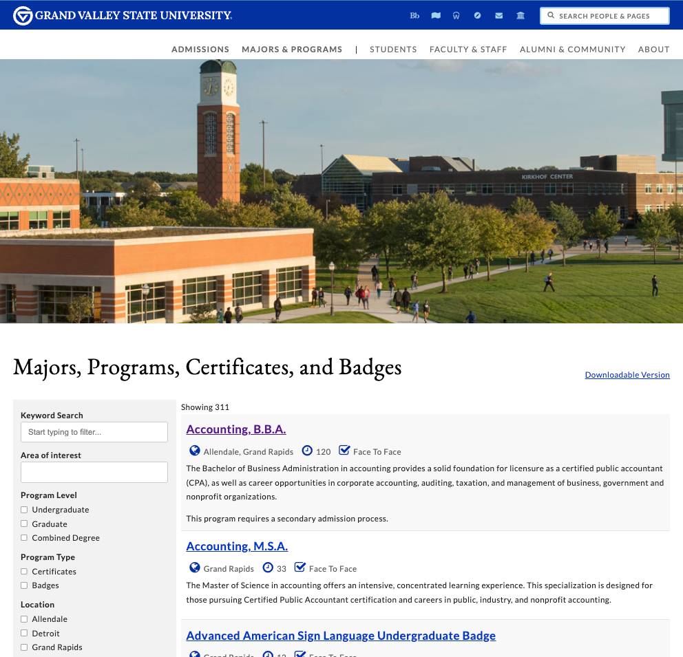 Grand Vallley's academic program website